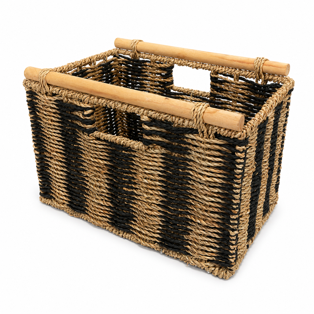 Panier de rangement en fibres naturelles et bois