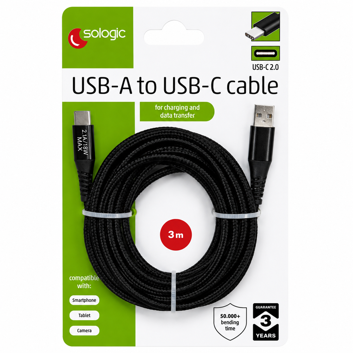 Câble USB-A vers USB-C 3m - Noir