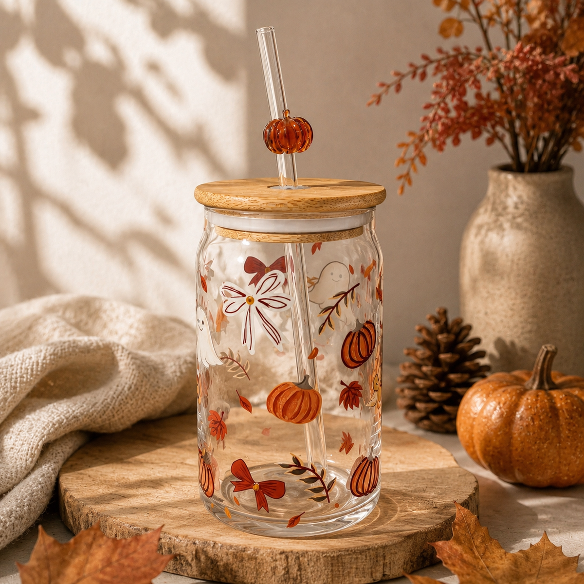 Gobelet en verre avec paille – Motif automnal