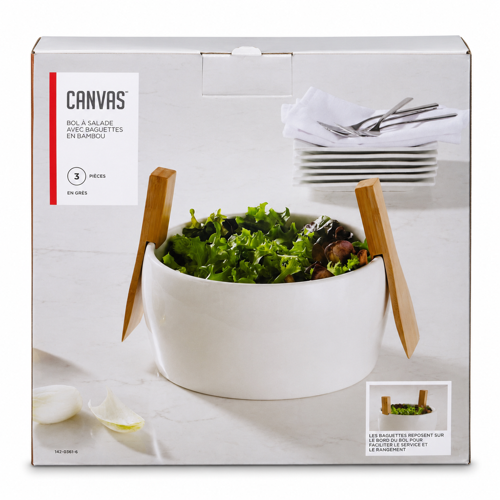 Bol à salade en grès avec couverts en bambou – 3 pièces