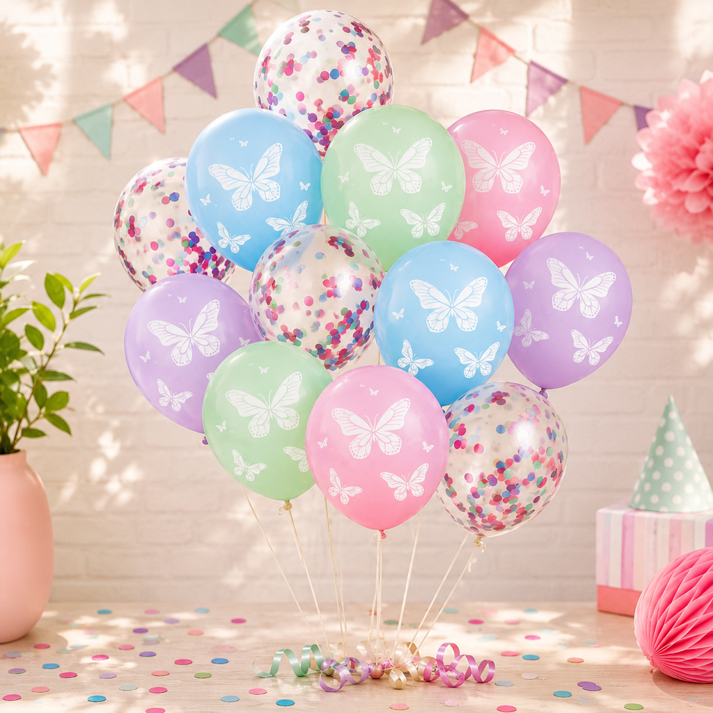 Kit de 12 ballons papillons et confettis