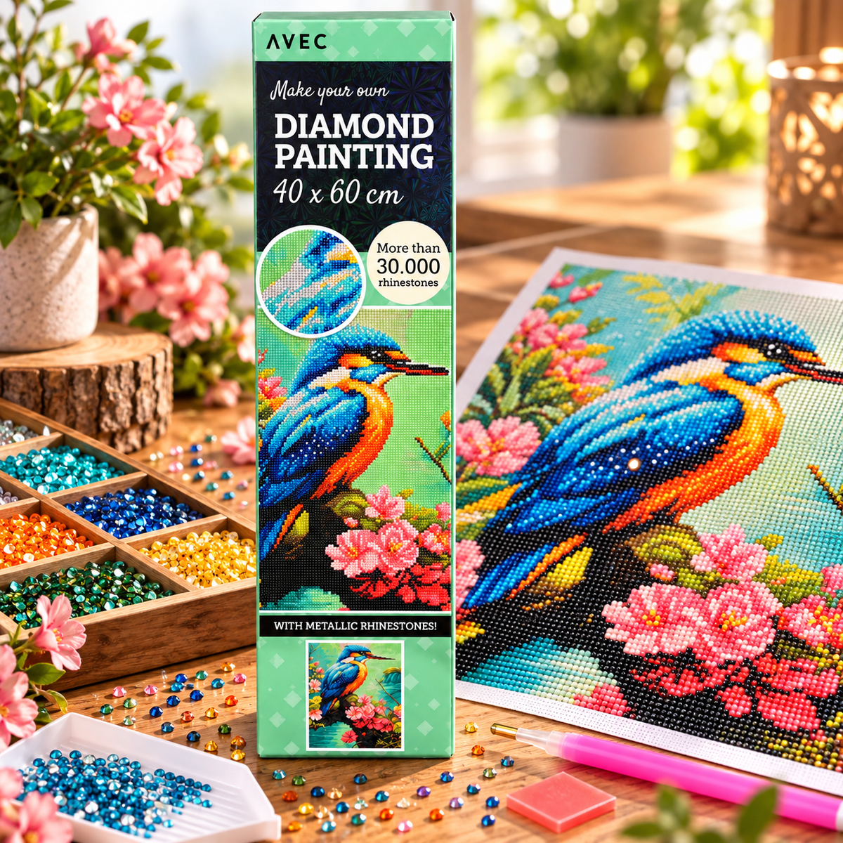 Diamond Painting – Oiseau coloré et fleurs – 40 × 60 cm