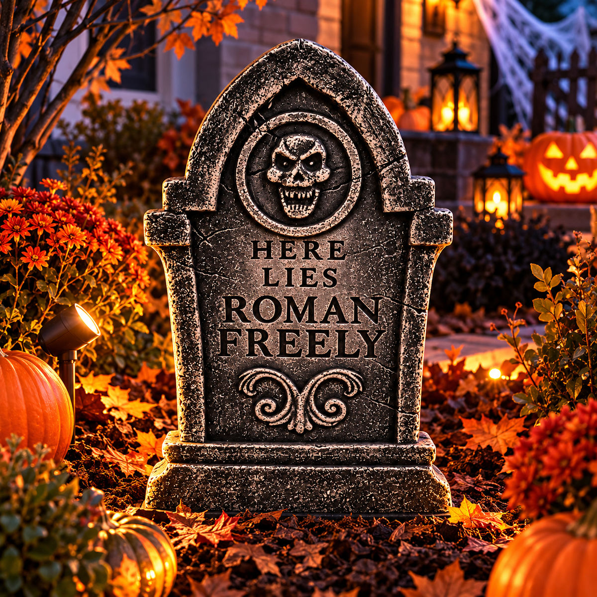 Pierre tombale en liège Halloween – « Here Lies Roman Freely »