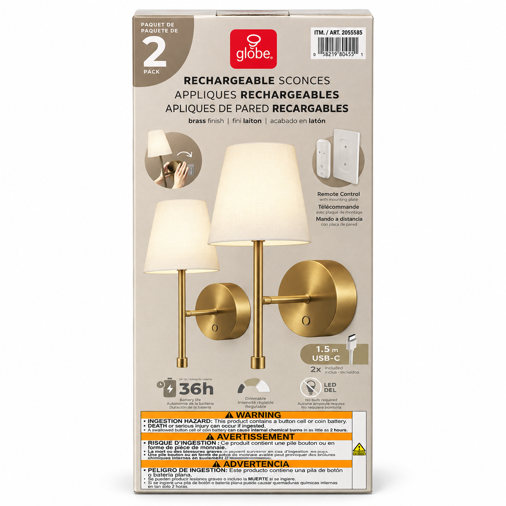 Appliques murales rechargeables dorée – Lot de 2