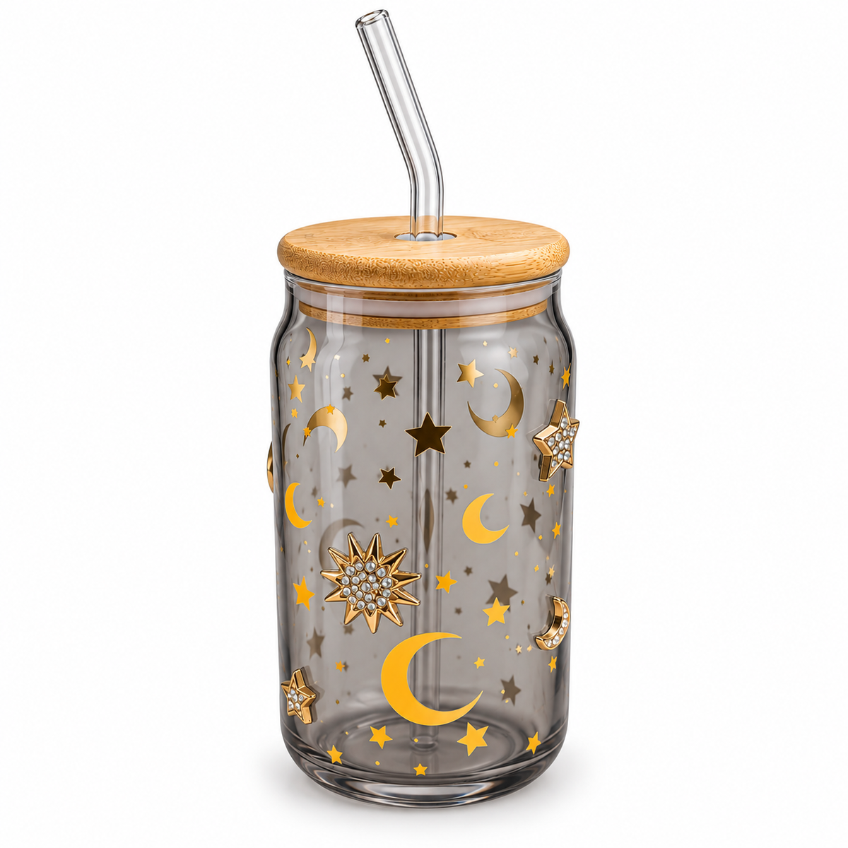 Gobelet en verre avec paille – Motif Lune et Étoiles