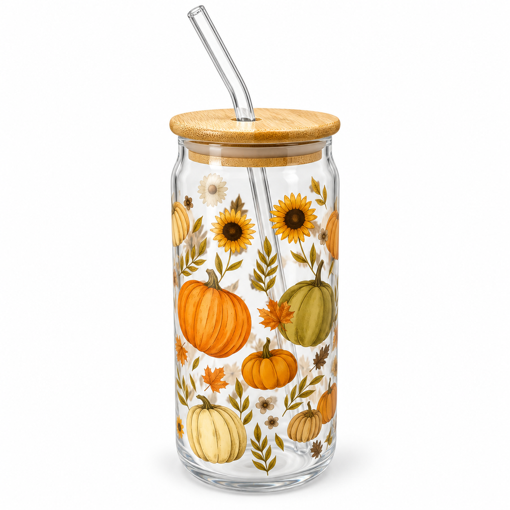 Gobelet en verre avec couvercle en bambou avec paille – Motif automnal
