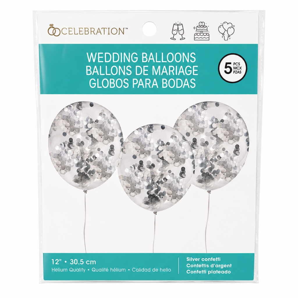 Ballons transparents à confettis argentés – Lot de 5