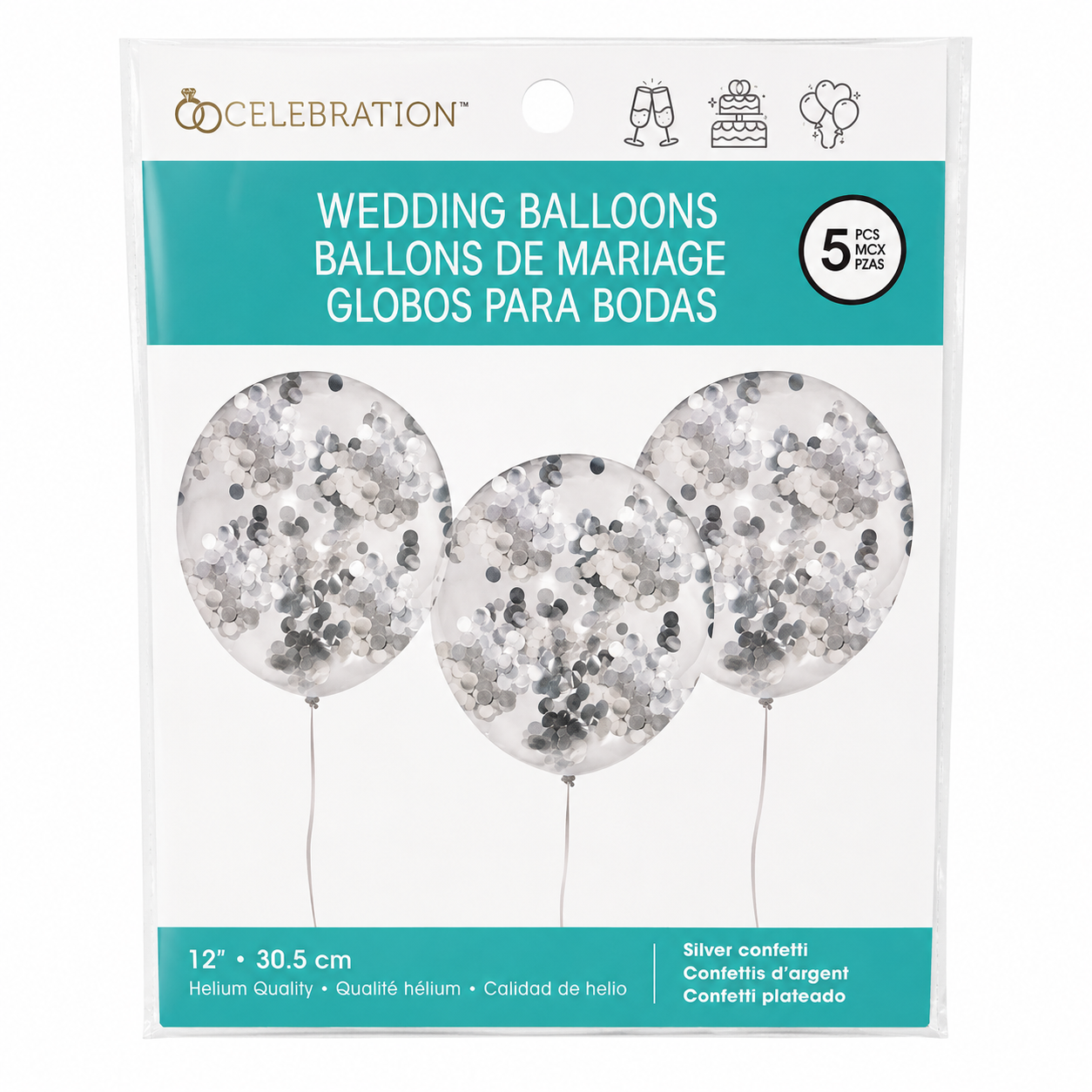 Ballons transparents à confettis argentés – Lot de 5