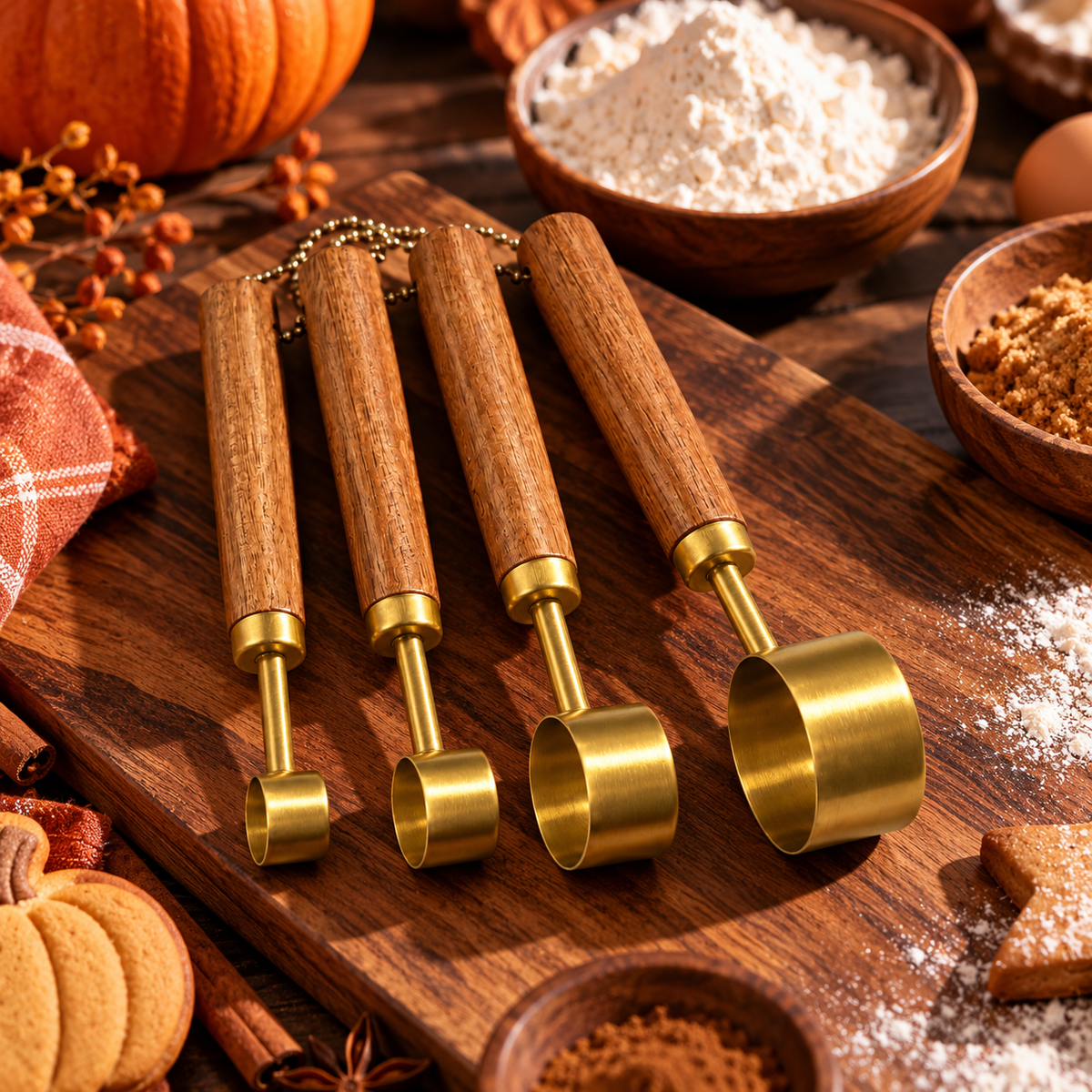 Lot de 4 cuillères doseuses en bois et finition dorée