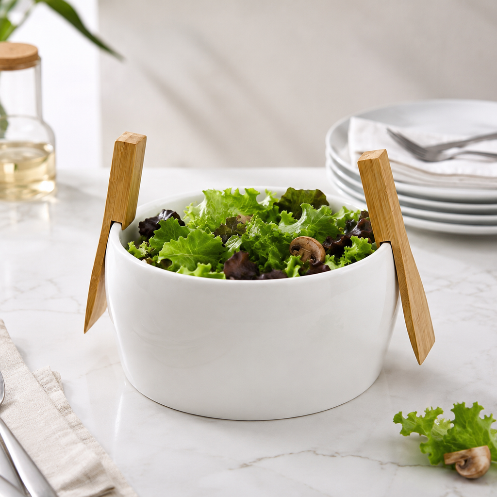 Bol à salade en grès avec couverts en bambou – 3 pièces