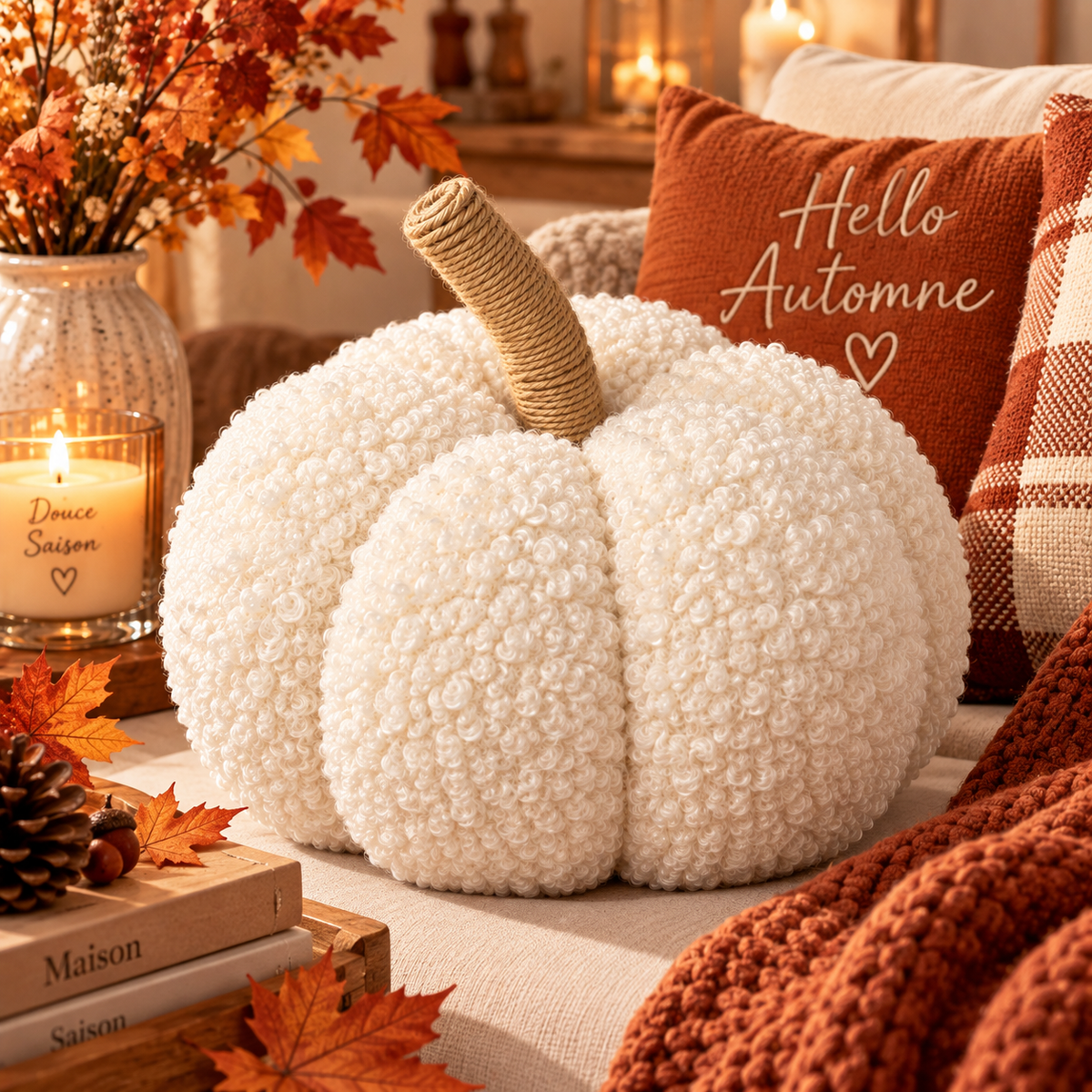 Citrouille décorative blanche en tissu bouclé