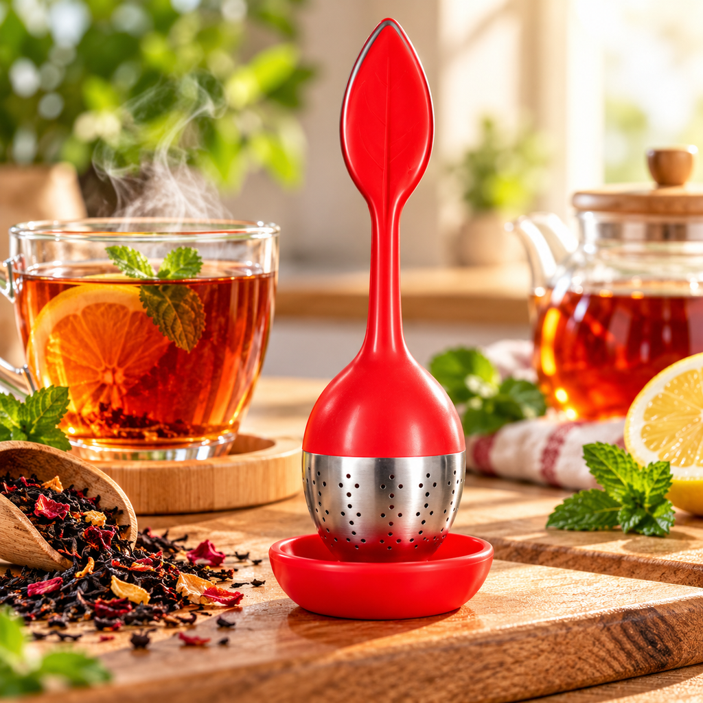 Infuseur à thé en forme de feuille avec support - Rouge