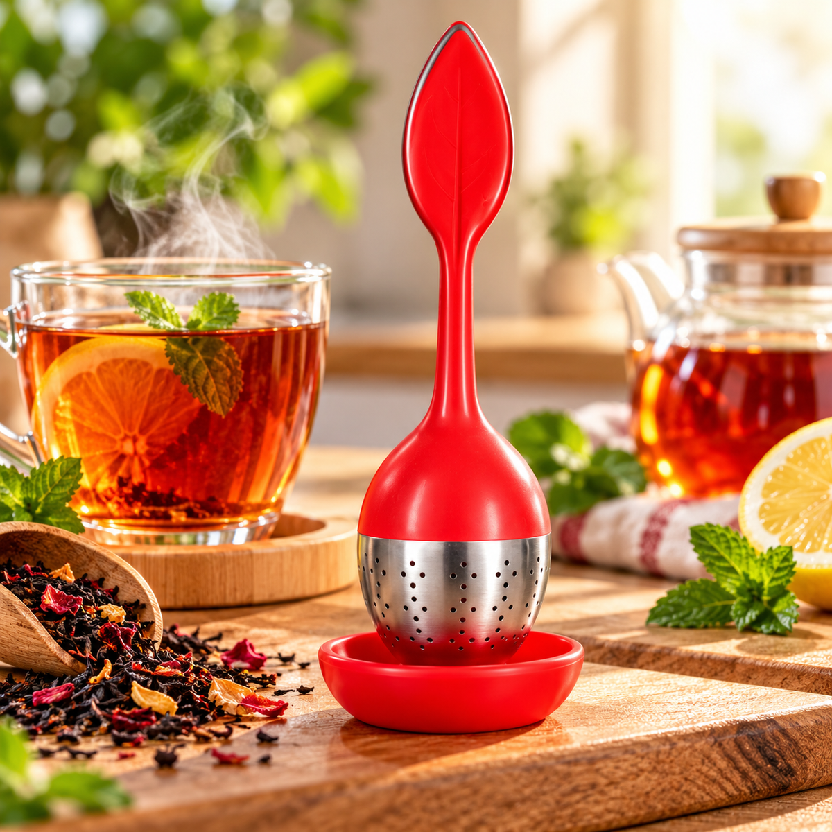 Infuseur à thé en forme de feuille avec support - Rouge