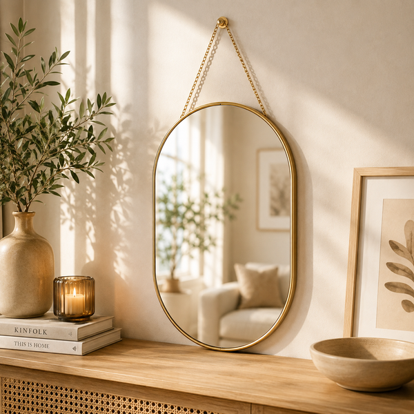 Miroir ovale suspendu avec finition dorée
