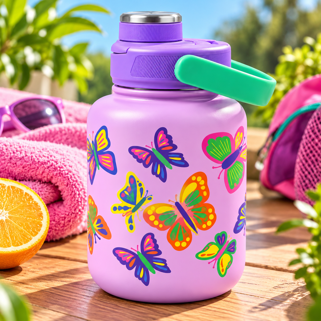Gourde isotherme en acier inoxydable - Motif papillons