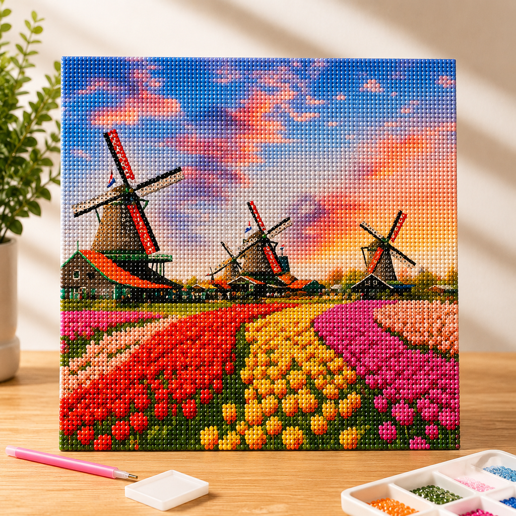 Diamond Painting Moulins et champs de tulipes - 30 x 30 cm