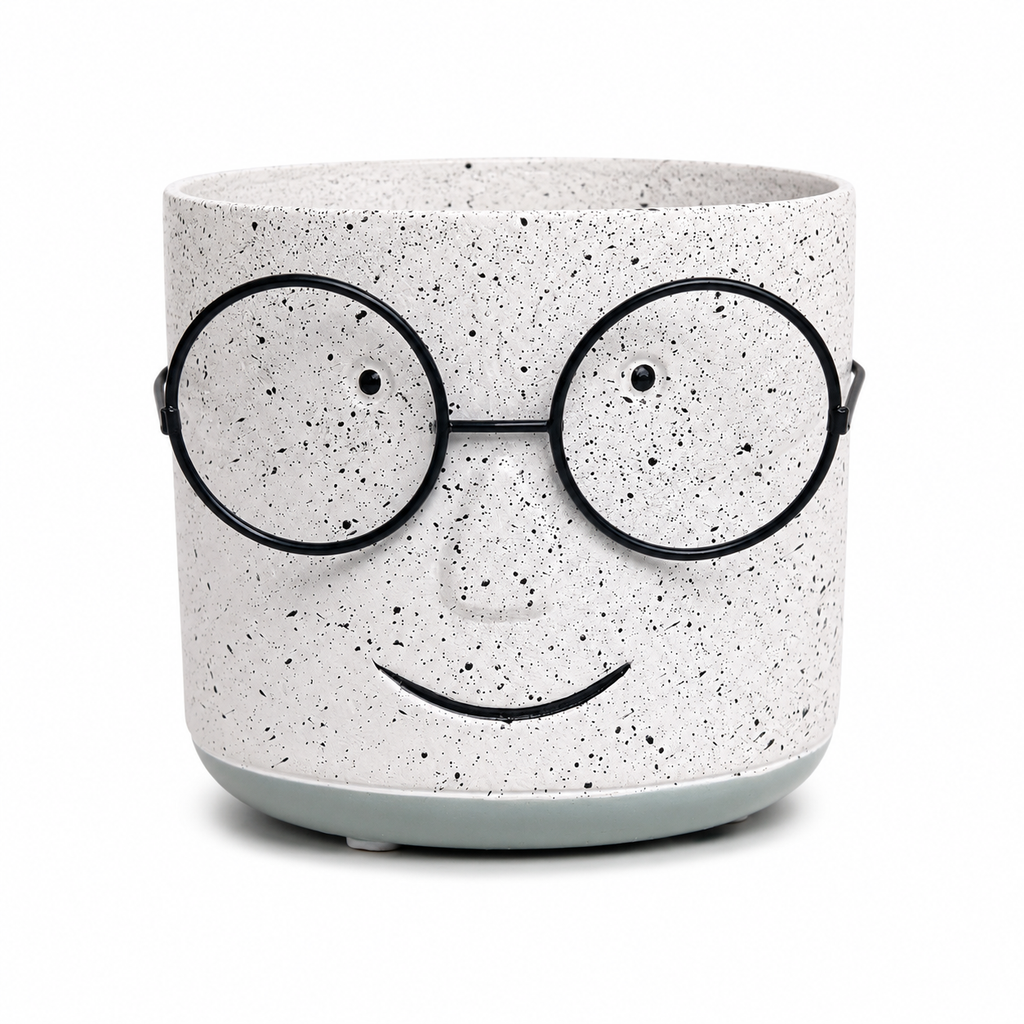 Cache-pot décoratif en céramique Bleu Gris – Petit bonhomme à lunettes