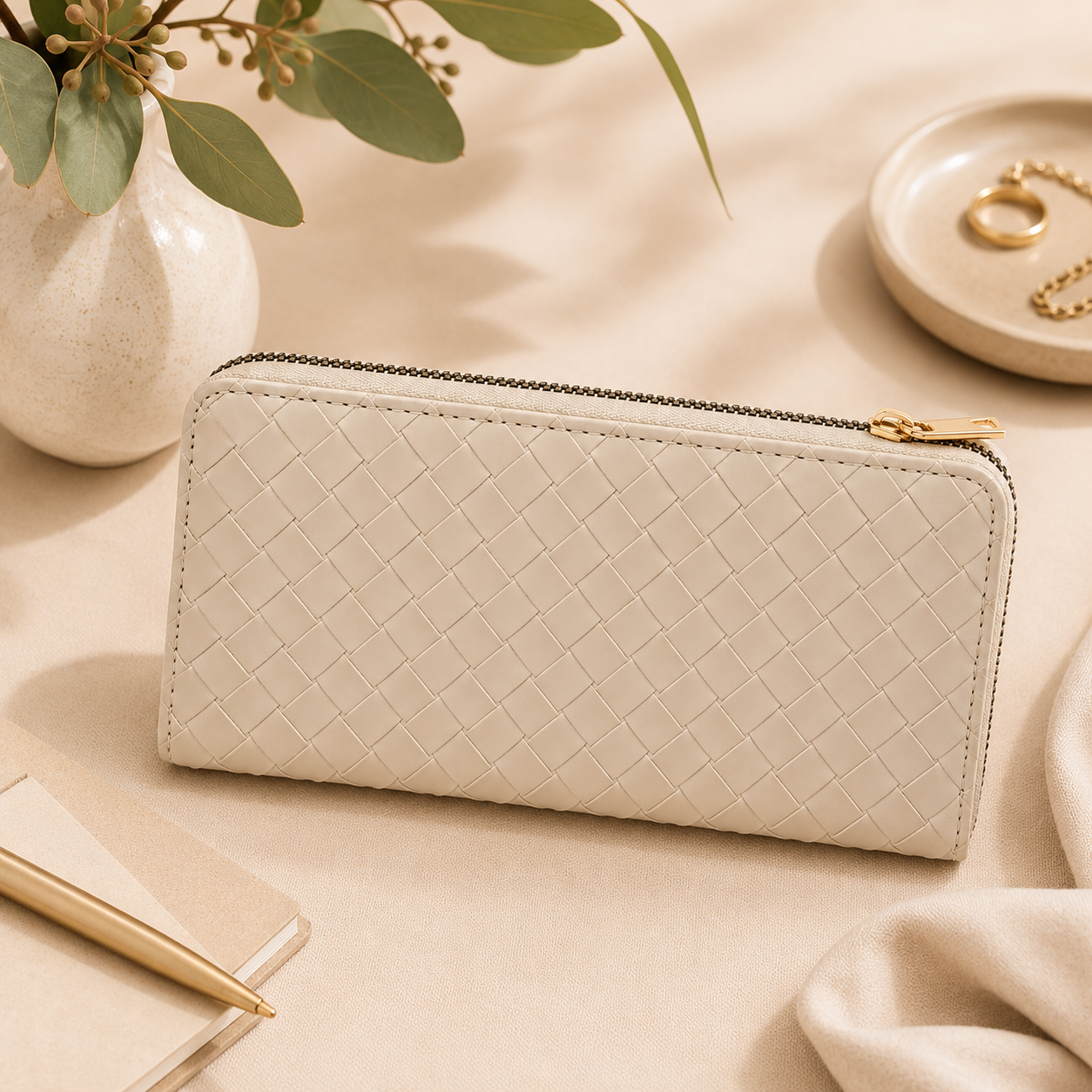 Portefeuille zippé effet tressé - Beige