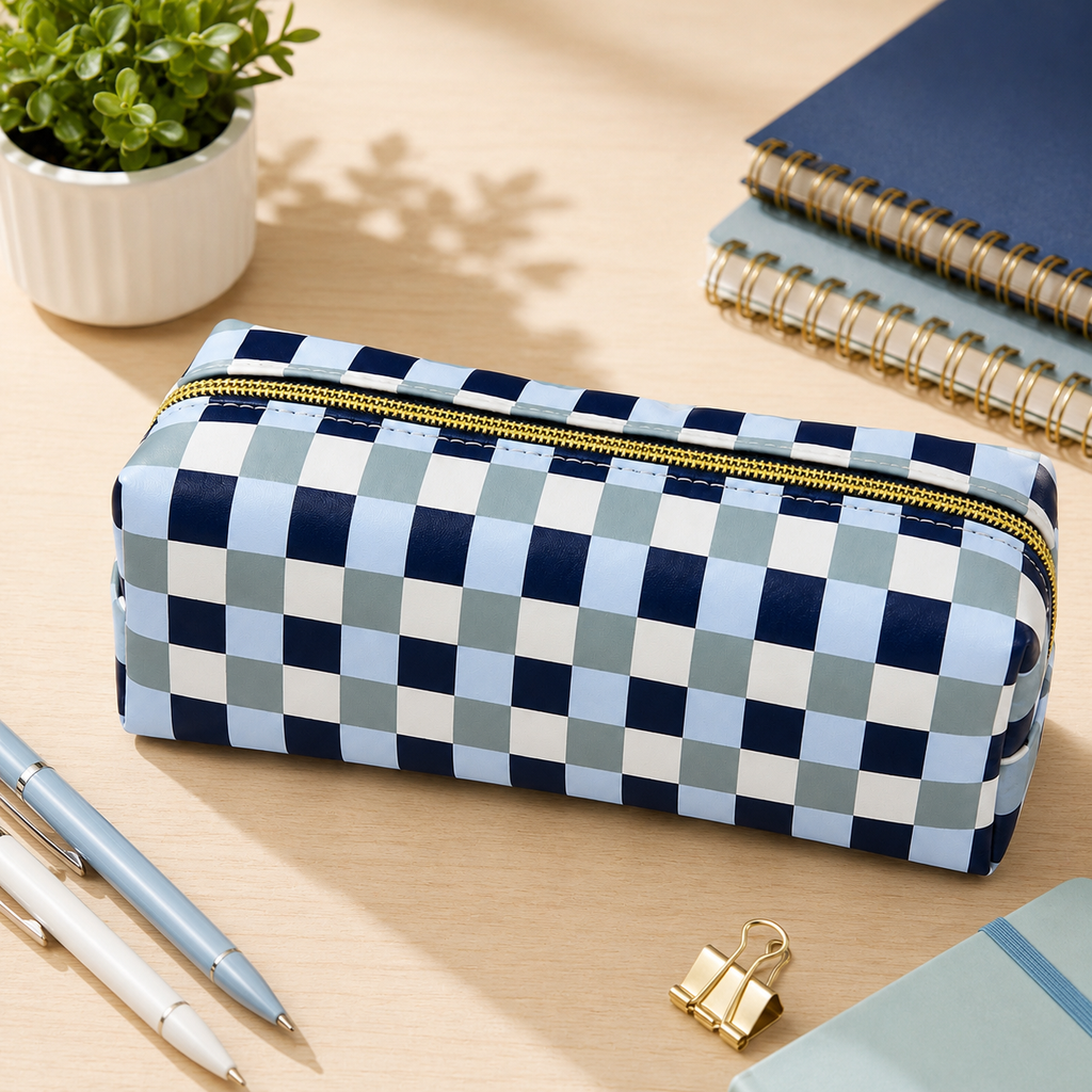 Trousse scolaire à carreaux bleu et blanc