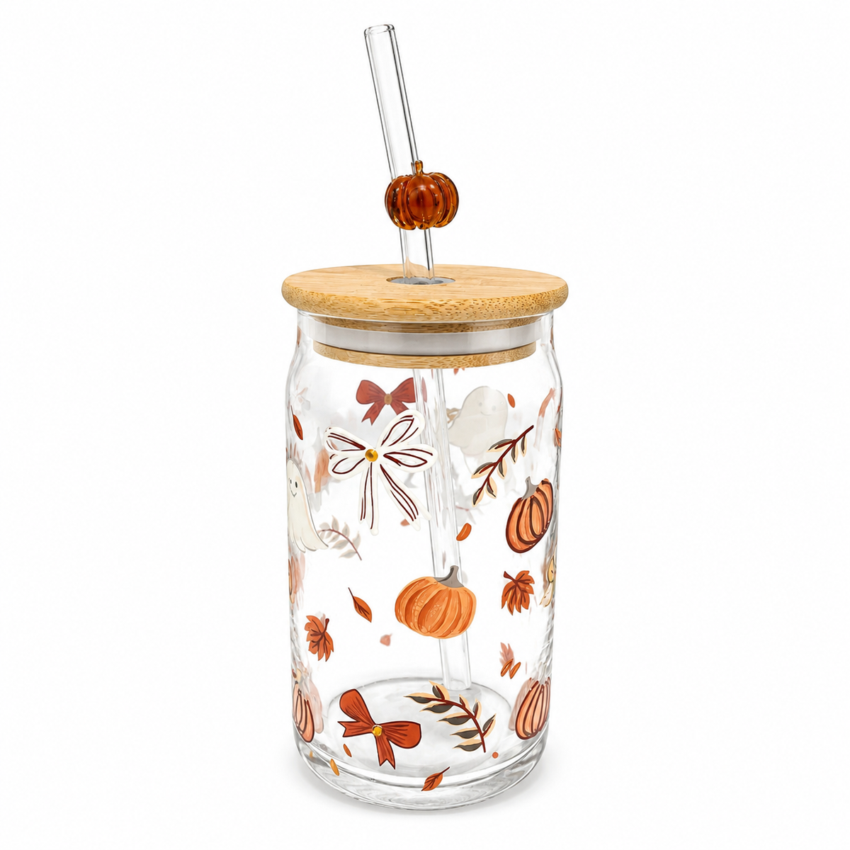 Gobelet en verre avec paille – Motif automnal