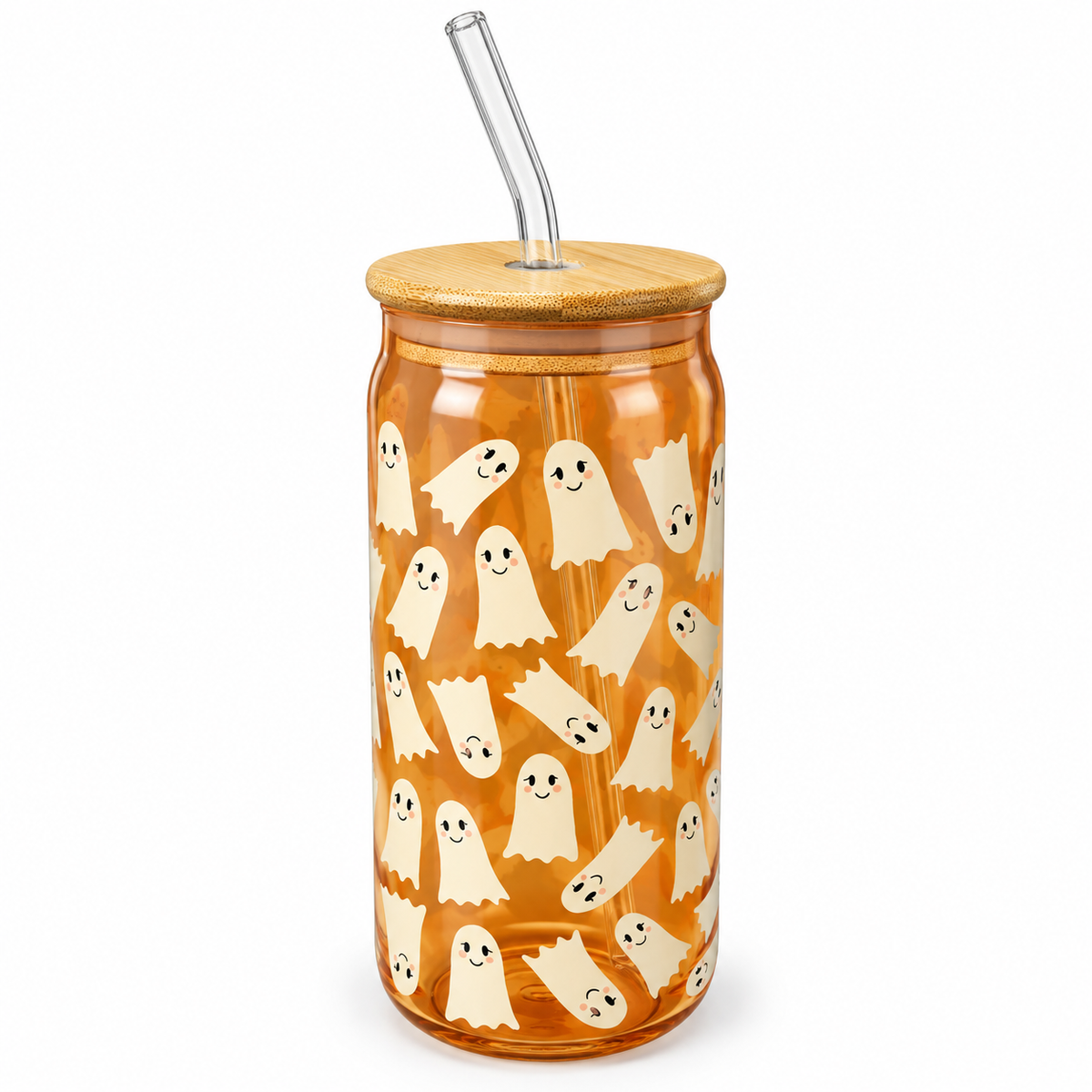 Gobelet en verre avec couvercle en bambou avec paille – Motif fantômes