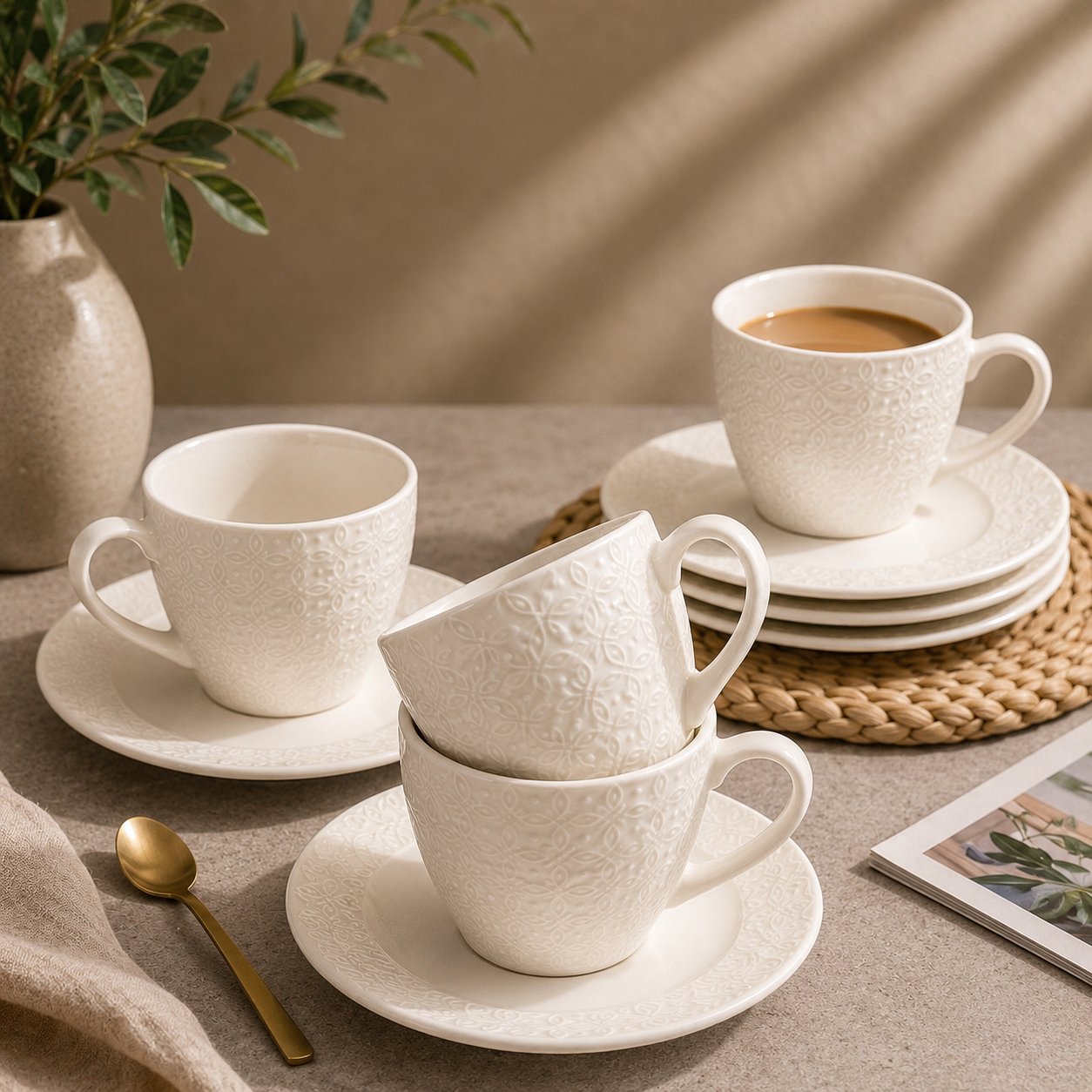 Tasses à café et soucoupes en porcelaine – 8 pièces
