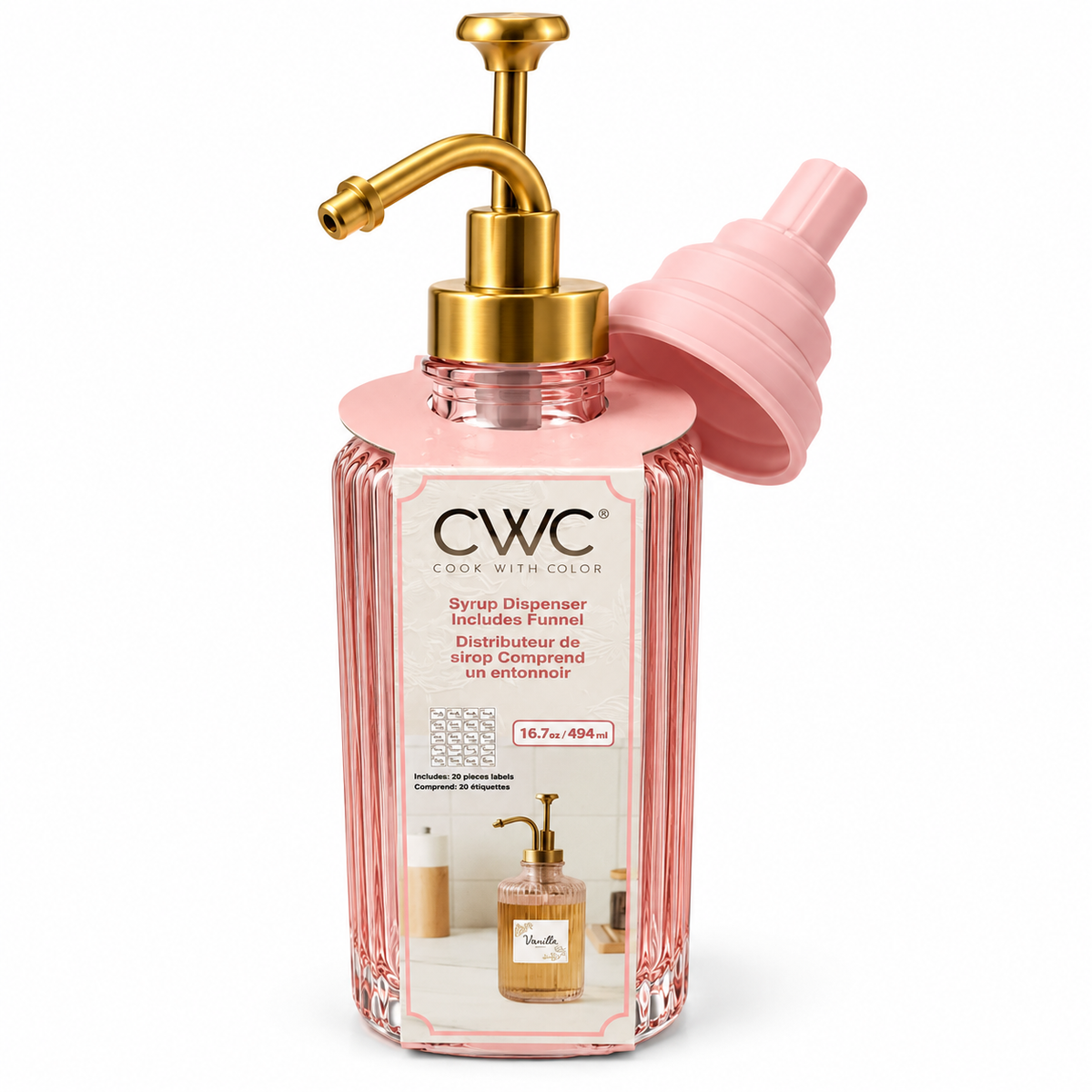 Distributeur de sirop rose en verre avec pompe