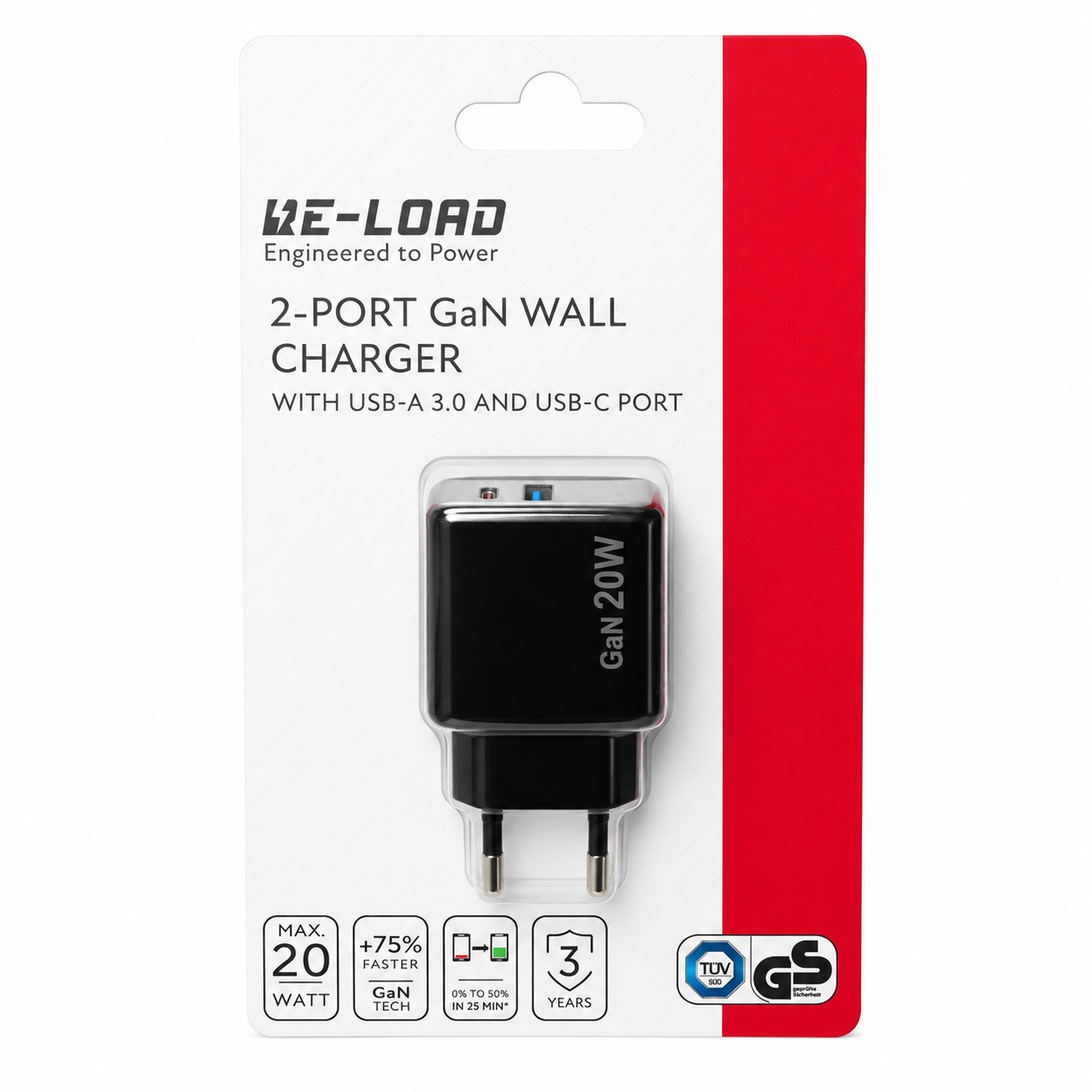 Chargeur mural GaN 20 W à double port USB-C et USB-A