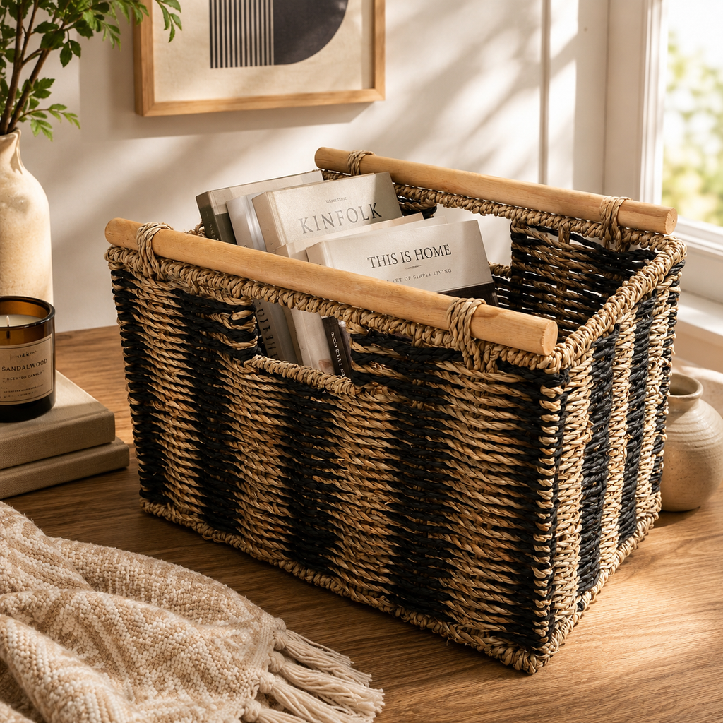 Panier de rangement en fibres naturelles et bois