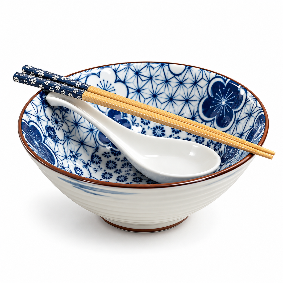 Bol à nouilles avec baguettes et cuillère – Motif japonais bleu et blanc