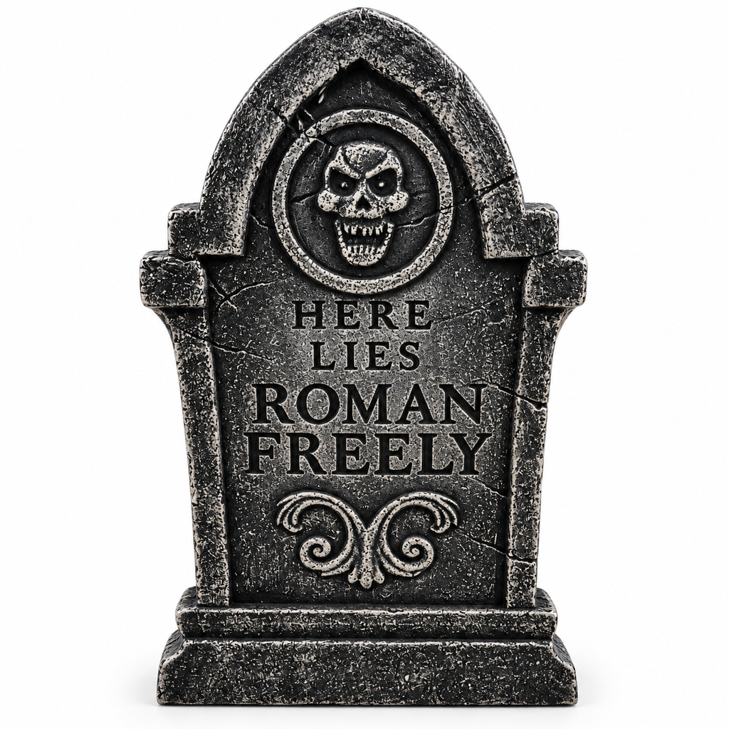 Pierre tombale en liège Halloween – « Here Lies Roman Freely »
