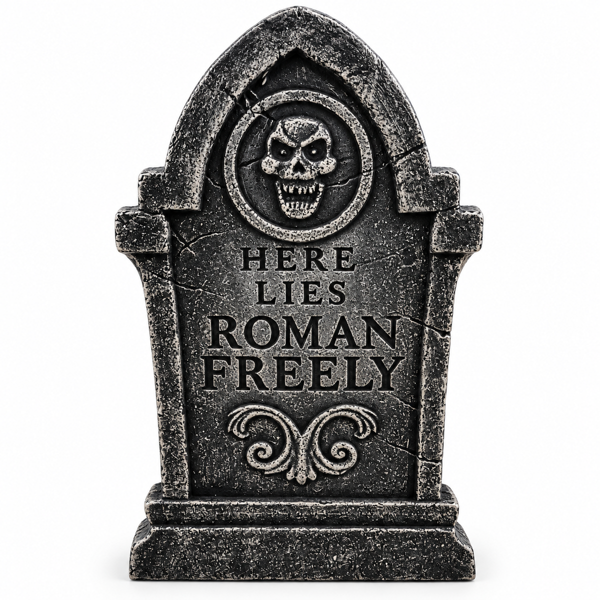 Pierre tombale en liège Halloween – « Here Lies Roman Freely »