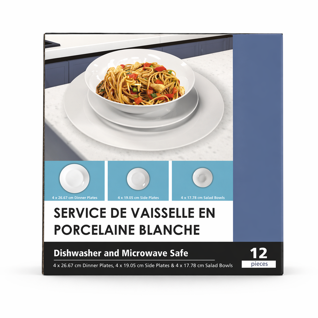 Service de vaisselle en porcelaine blanche – 12 pièces