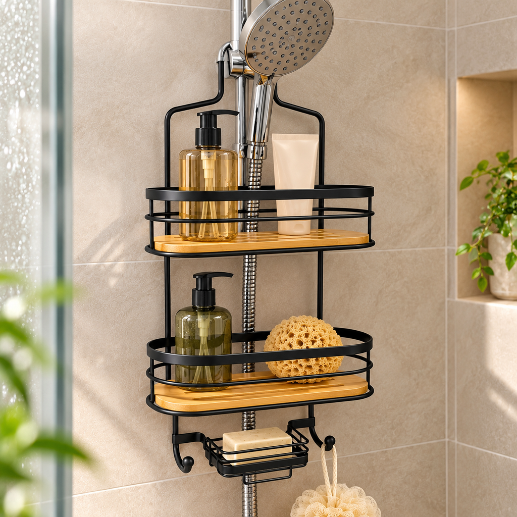 Étagère de douche suspendue en métal noir et bambou