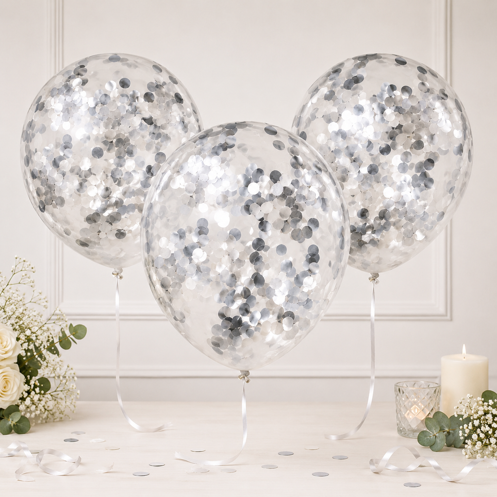 Ballons transparents à confettis argentés – Lot de 5
