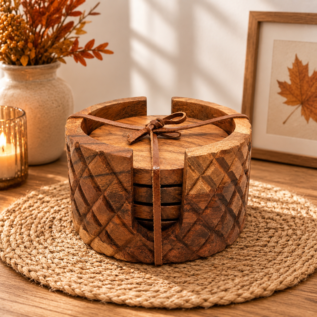 Dessous de verre en bois avec support - Lot de 4