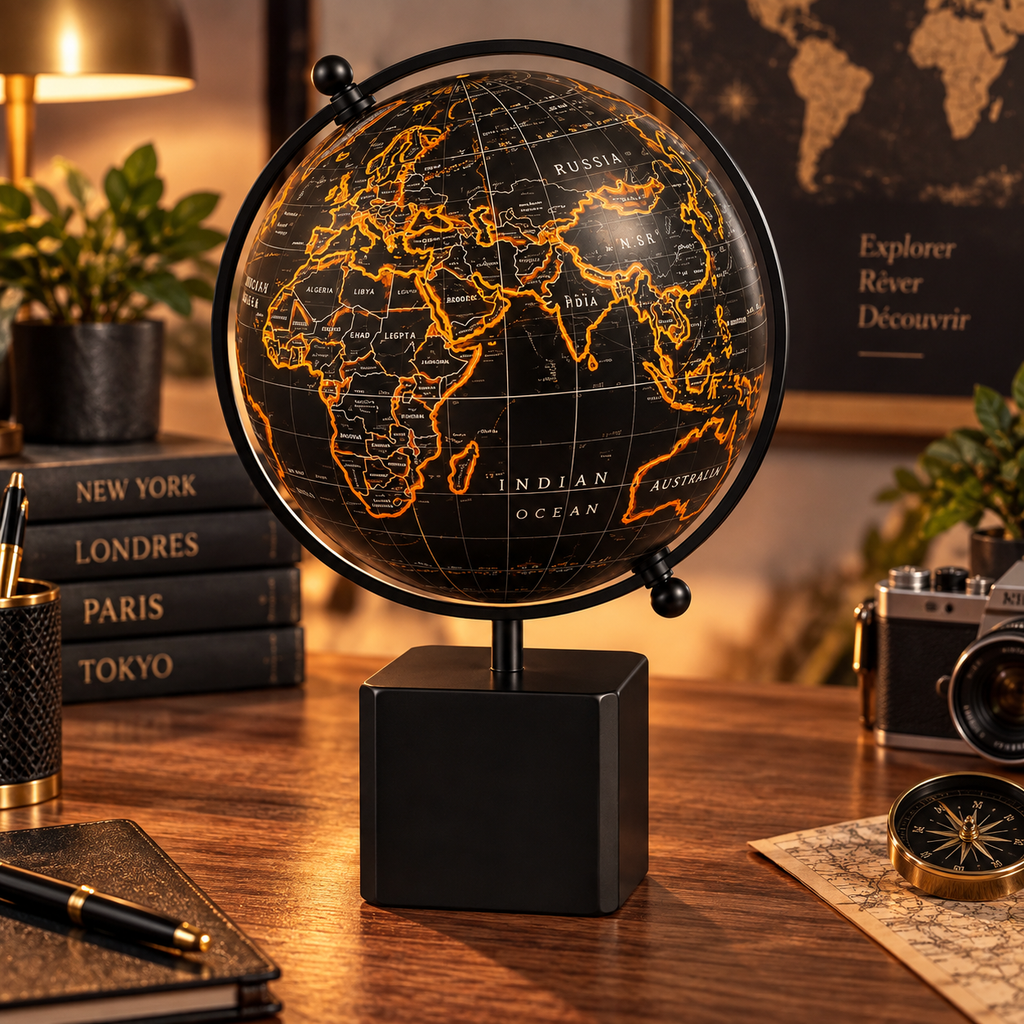 Globe terrestre décoratif noir et doré