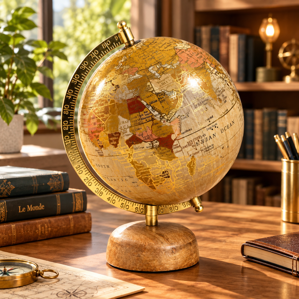 Globe terrestre décoratif doré et bois