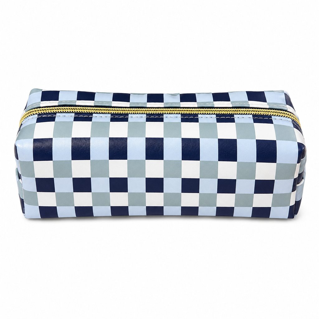 Trousse scolaire à carreaux bleu et blanc