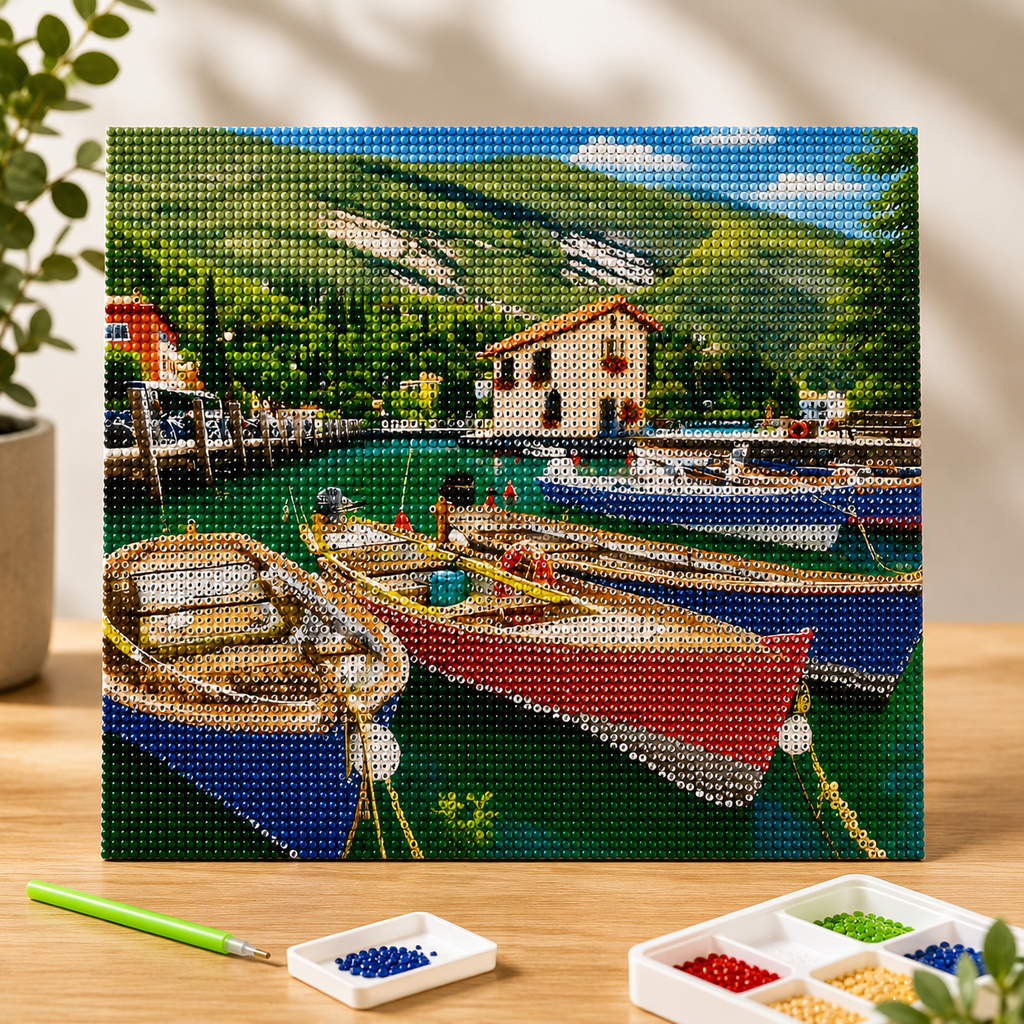Diamond Painting Barques au bord du lac - 30 x 30 cm