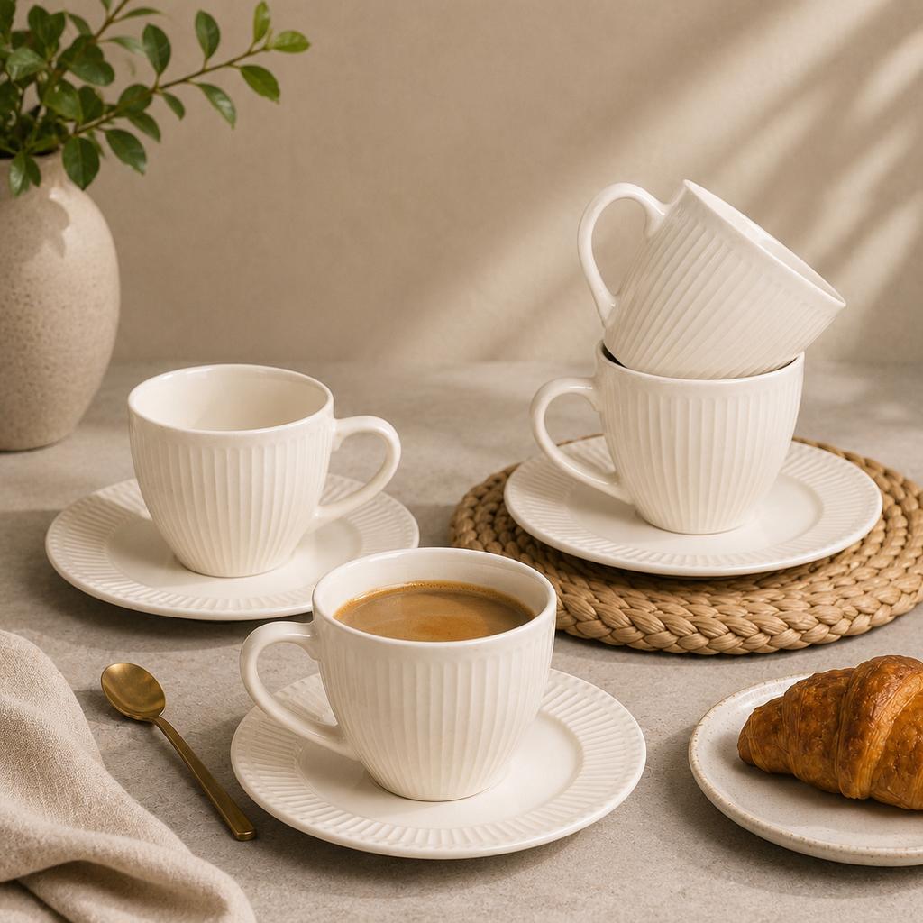 Tasses à café et soucoupes en porcelaine – 8 pièces