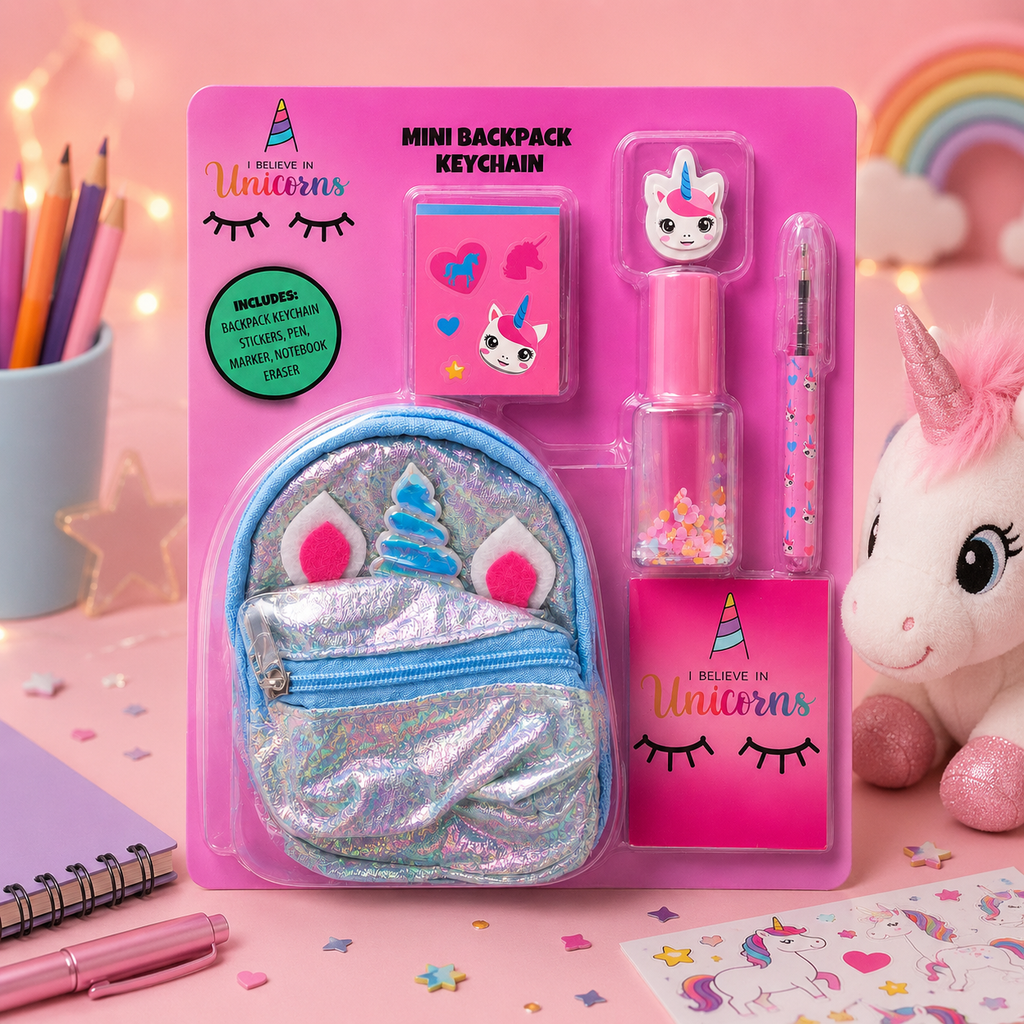 Mini sac à dos porte-clés Licorne – Coffret papeterie