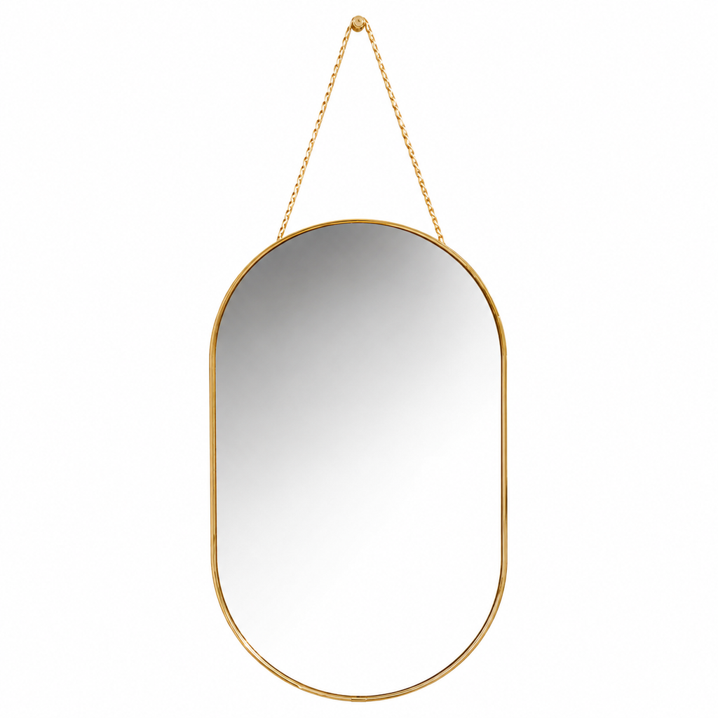 Miroir ovale suspendu avec finition dorée