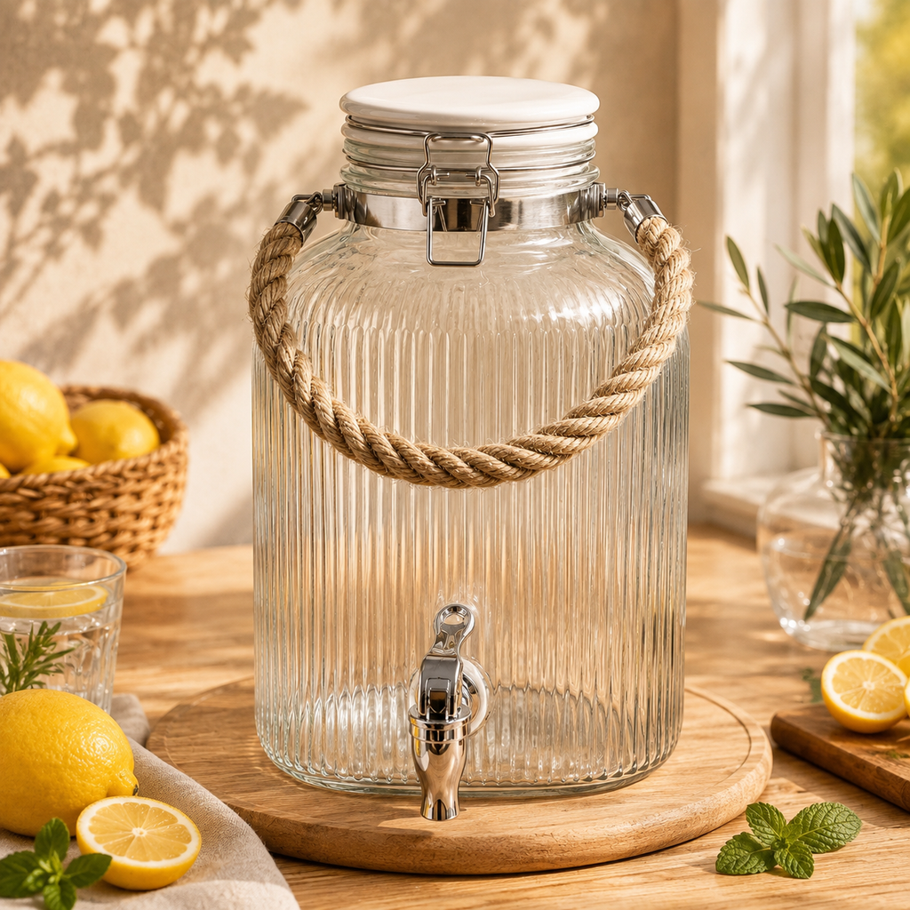 Distributeur de boissons en verre 7,6 L avec poignée en corde