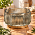 Saladier en verre fumé avec socle en bois