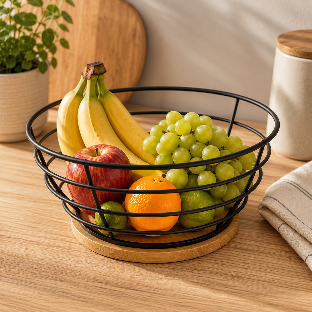 Corbeille à fruits en métal avec base en bambou
