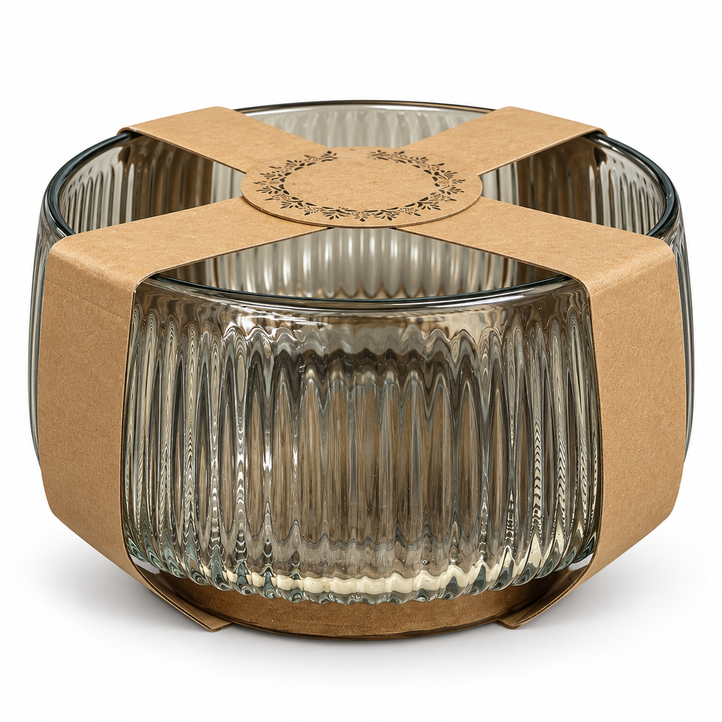 Saladier en verre fumé avec socle en bois