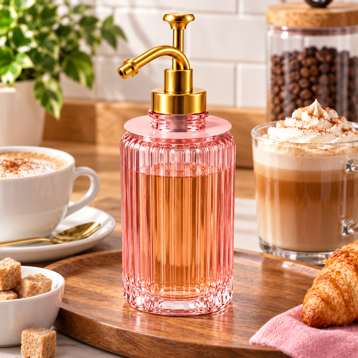Distributeur de sirop rose en verre avec pompe