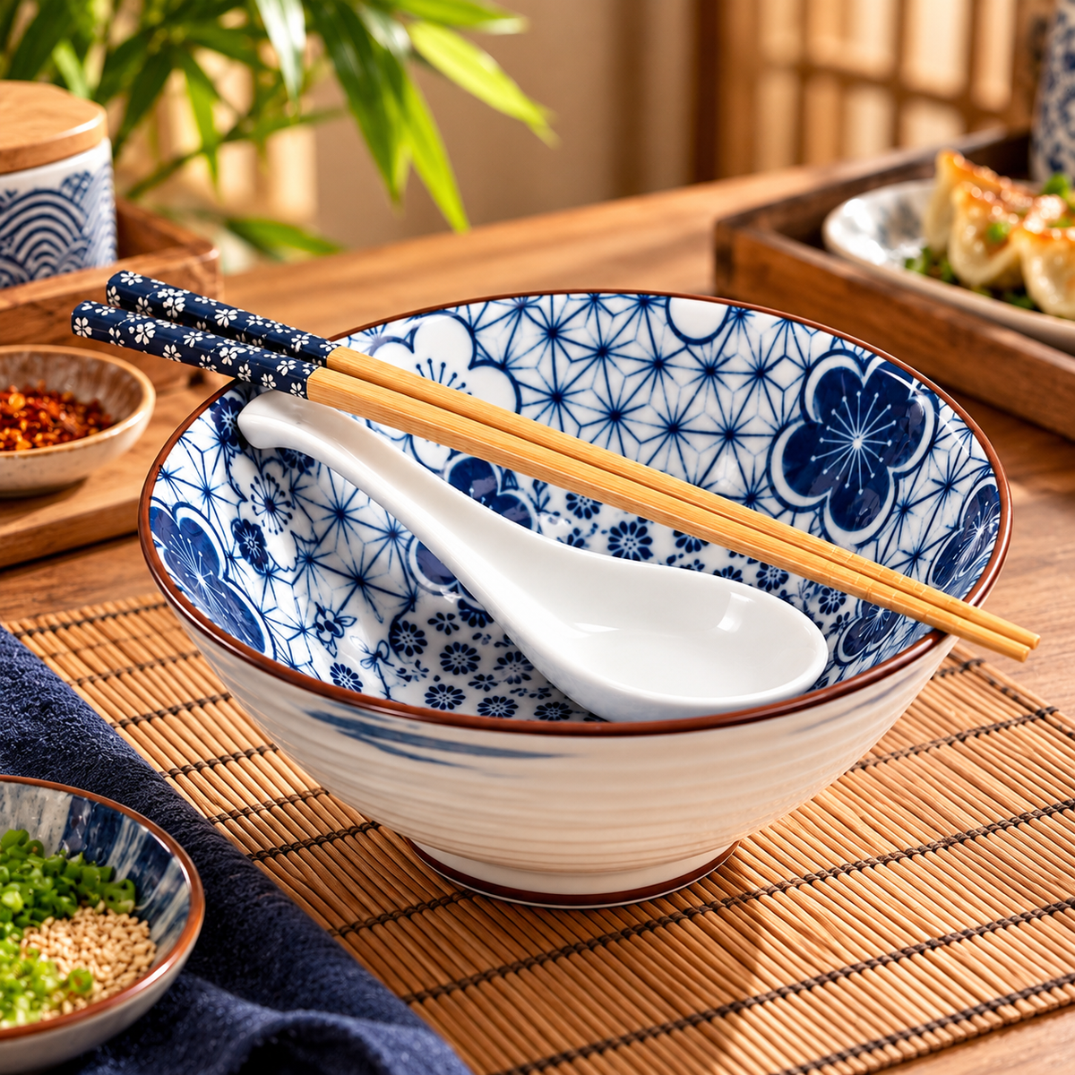Bol à nouilles avec baguettes et cuillère – Motif japonais bleu et blanc