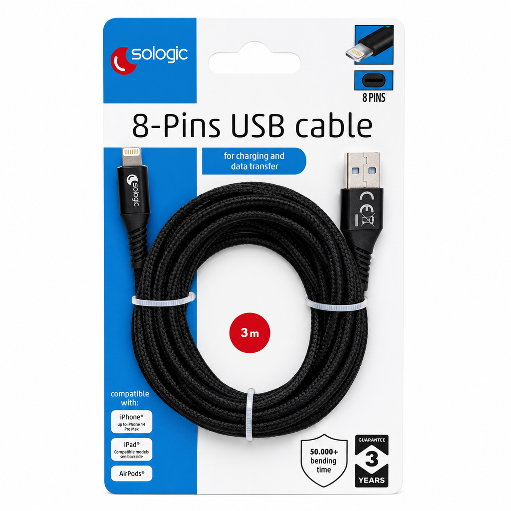 Câble 8-Pins vers USB 3m - Noir